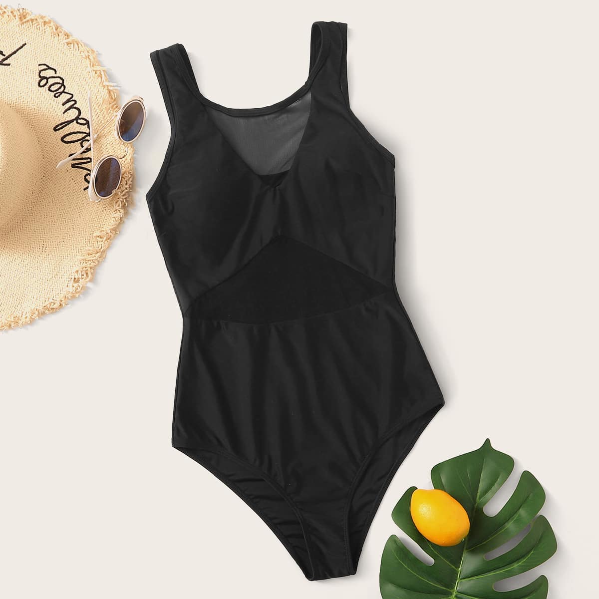 

Contrast Mesh One Piece Swimsuit, Black