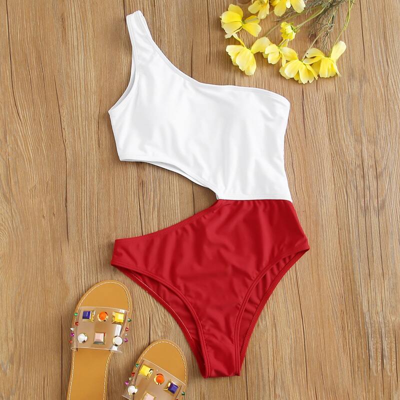 

Two Tone Cut-out One Piece Swimsuit, Multicolor