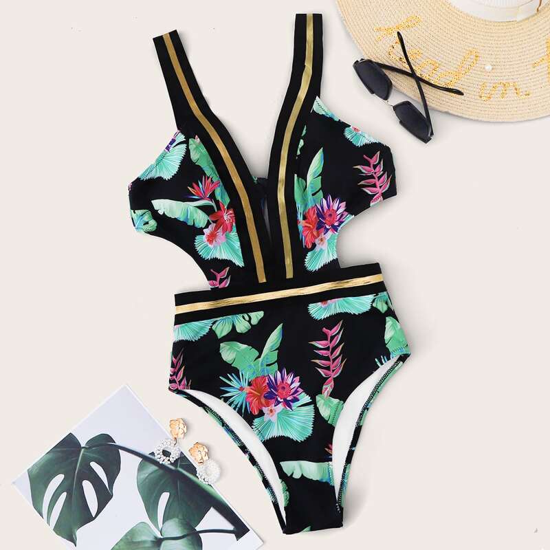 

Tropical Knot Back One Piece Swimsuit, Multicolor