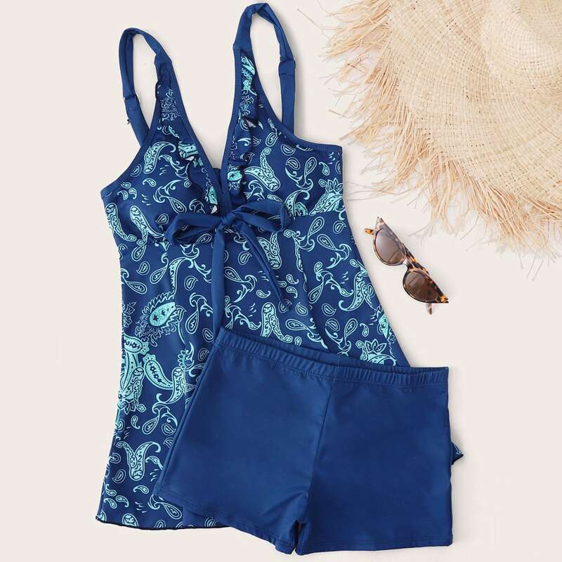 

Paisley Random Print Top With Shorts Tankini, Blue