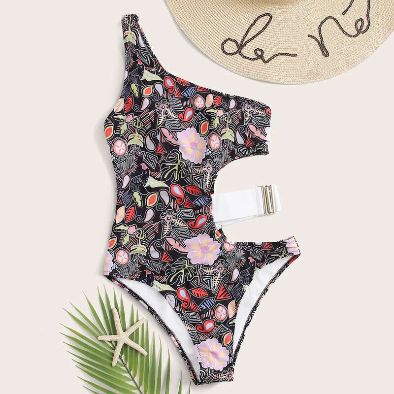 

Tropical One Shoulder One Piece Swimsuit, Multicolor
