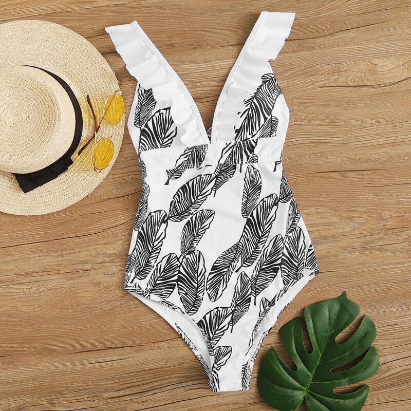 

Tropical Ruffle Trim One Piece Swimsuit, Black and white