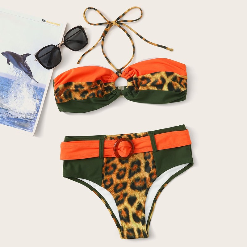 

Colorblock Leopard Halter Bandeau Belted Bikini Swimsuit, Multicolor