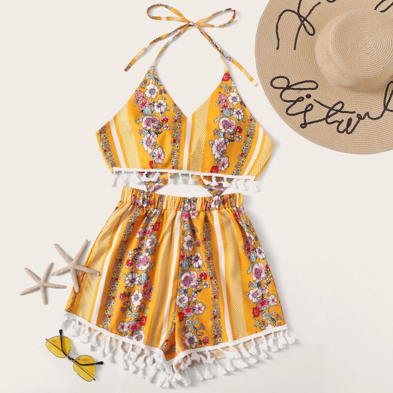 

Floral Print Knot Halter Top & Tassel Shorts, Yellow
