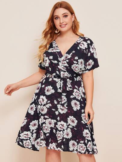 Plus Surplice Neck Floral Belted A-line Dress