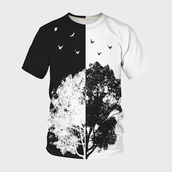 

Men Tree Print Spliced Tee, Black and white