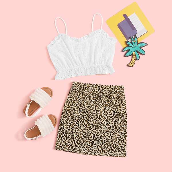 

Girls Frill Trim Schiffy Cami Top and Leopard Skirt Set, Multicolor