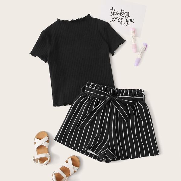 

Girls Lettuce Edge Top and Striped Belted Shorts Set, Black