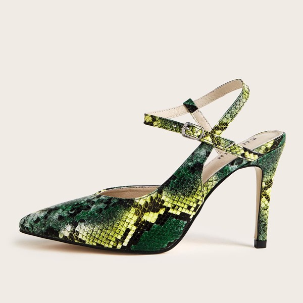 

Snakeskin Print Point Toe Ankle Strap Stiletto Heels, Green