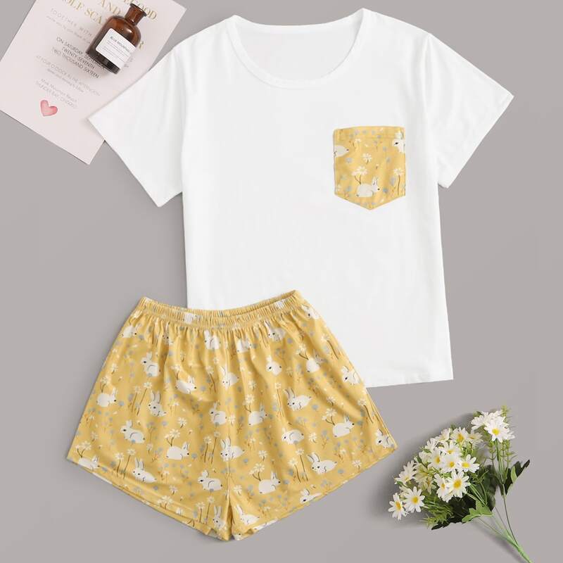 

Rabbit & Floral Print Pocket Front PJ Set, Multicolor