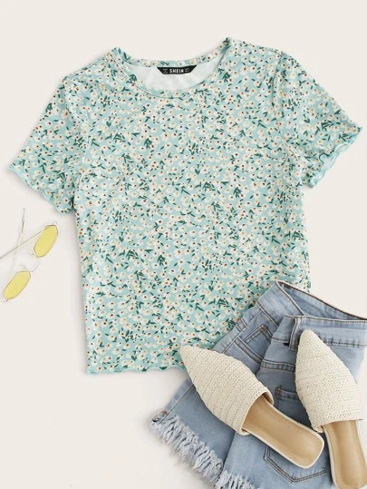 Soleia Ditsy Floral Print Lettuce Edge Top