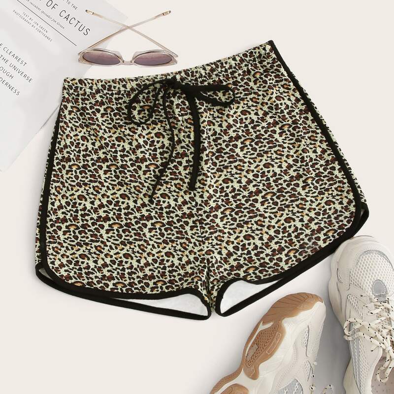 

Tie Waist Contrast Binding Leopard Dolphin Shorts, Multicolor