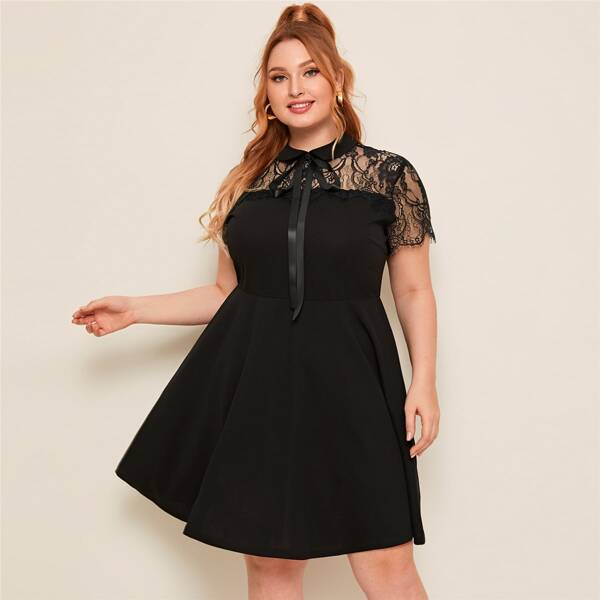 

Plus Collared Tie Neck Lace Shoulder Dress, Black
