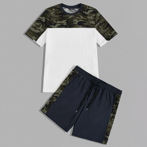 

Men Color Block Camo Tee & Drawstring Track Shorts Set, Multicolor