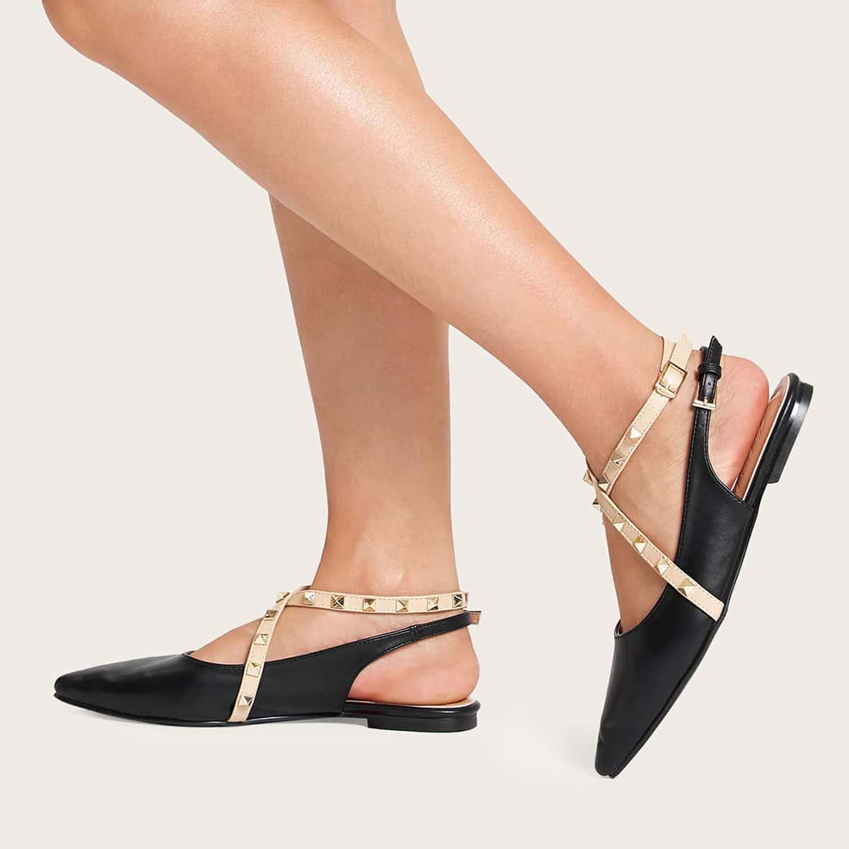 

Studded Cross Ankle Strap Flats, Black