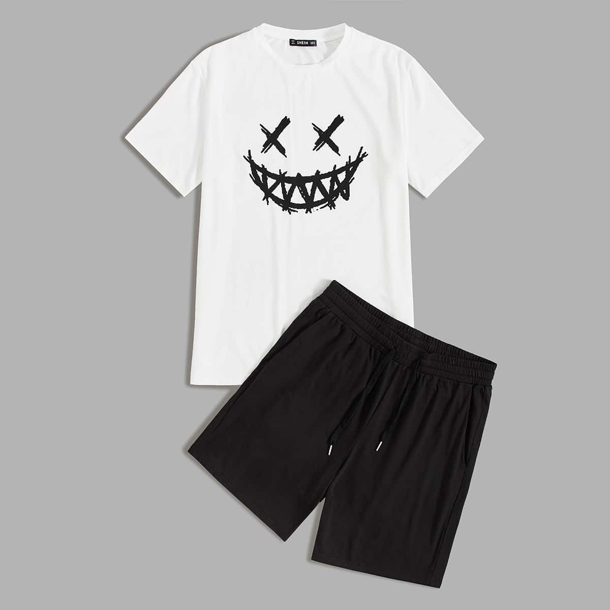 

Guys Halloween Cartoon Graphic Tee & Drawstring Track Shorts Set, Black and white