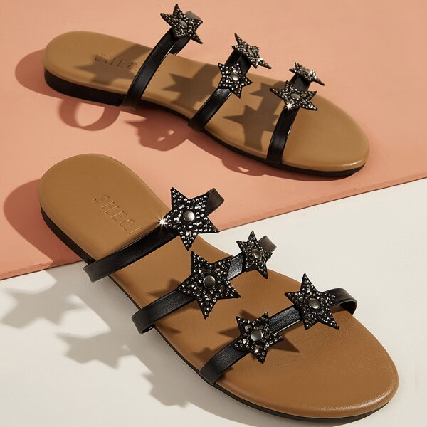 

Open Toe Studded Star Decor Sliders, Black