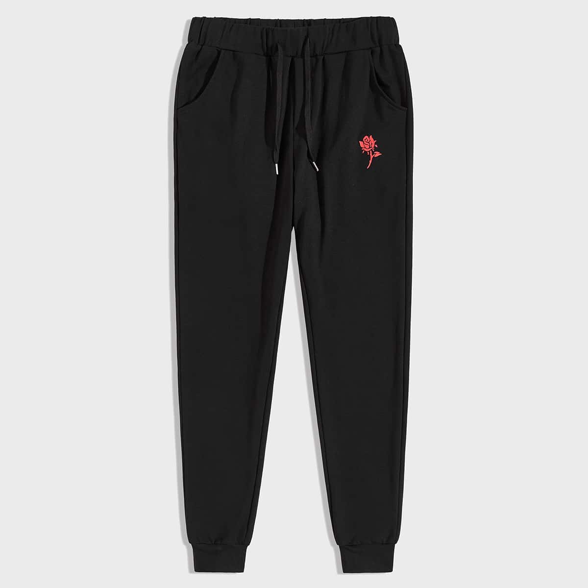 

Guys Rose Print Drawstring Waist Sweatpants, Black
