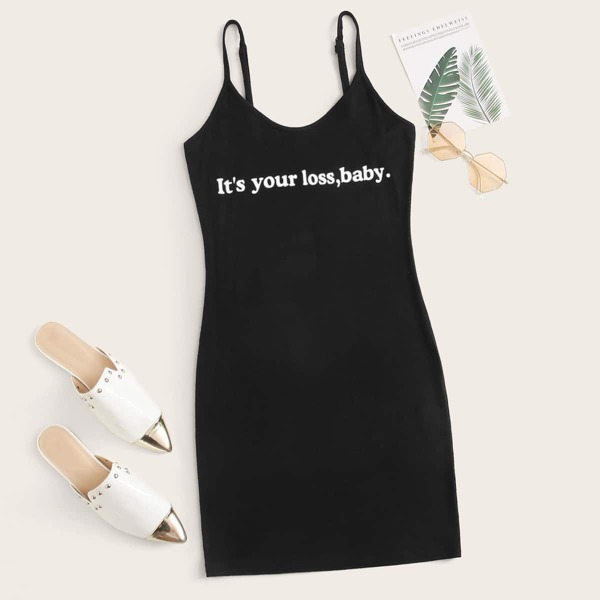 

Slogan Graphic Slip Dress, Black