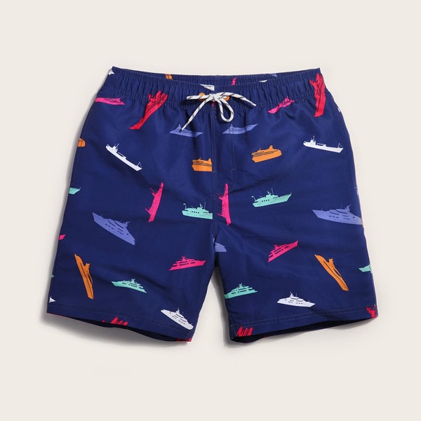 

Men Boat Print Swim Trunks, Navy