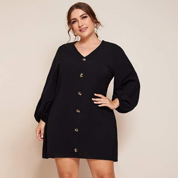 

Plus Button Front Lantern Sleeve Tunic Dress, Black