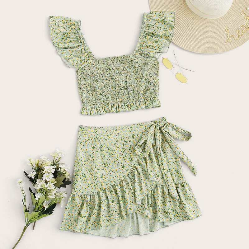 

Ruffle Trim Shirred Ditsy Floral Top & Wrap Knotted Skirt Set, Green