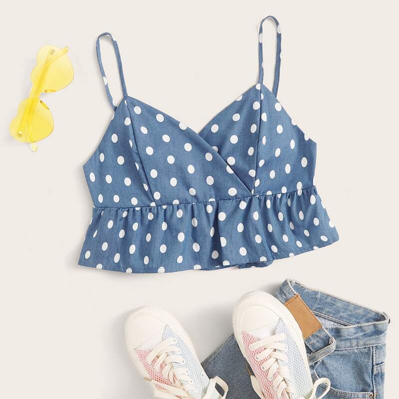 

Polka Dot Ruffle Hem Denim Cami Top, Blue