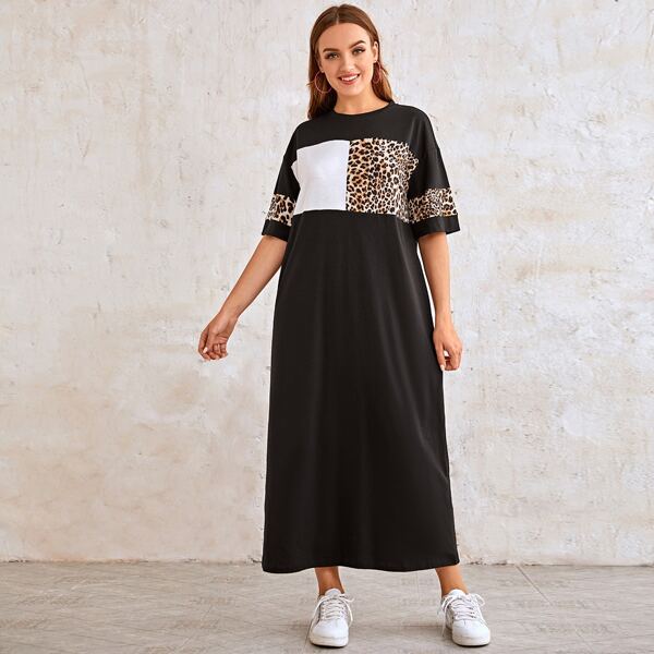 

Color Block Leopard Tee Dress, Black