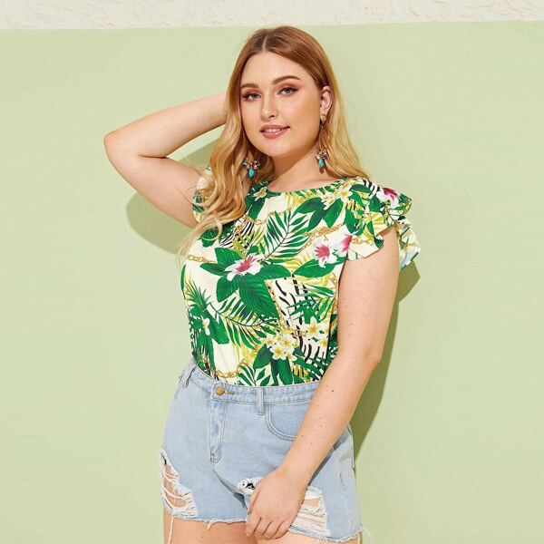 

Plus Floral & Tropical Print Ruffle Cuff Blouse, Green