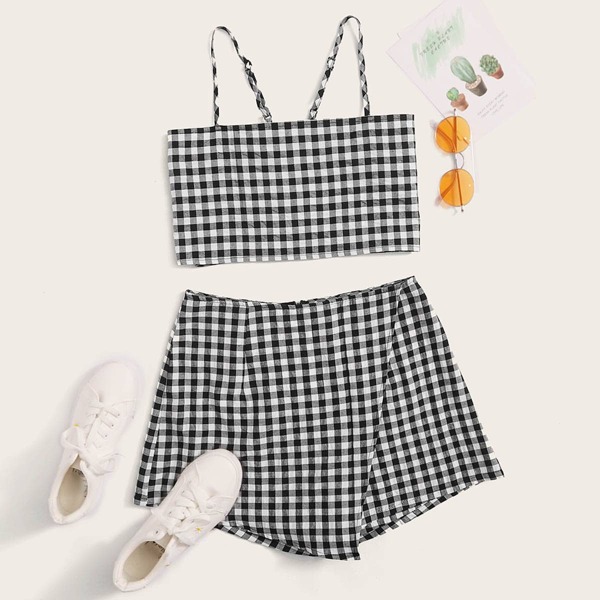 

Gingham Self-Tie Cami Top & Skorts Set, Black and white