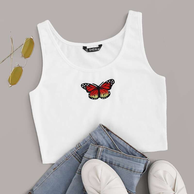 

Butterfly Print Crop Tank Top, White
