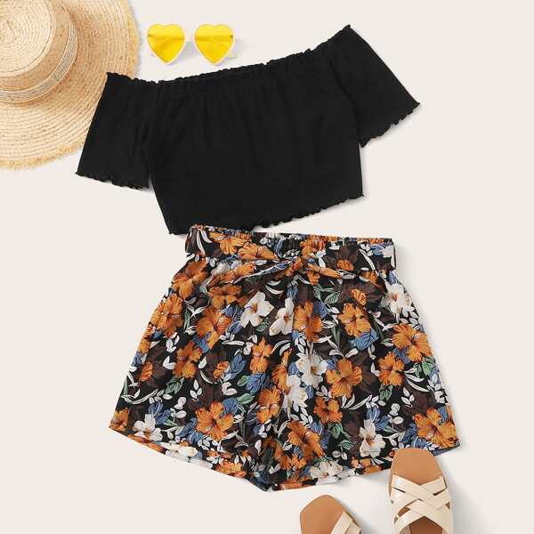 

Lettuce Trim Tee & Belted Floral Shorts Set, Multicolor