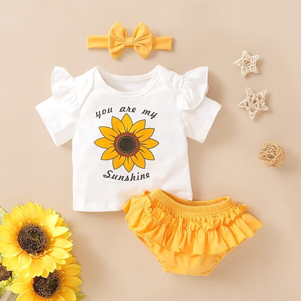 

Toddler Girls Sunflower & Slogan Graphic Ruffle Tee & Shorts & Headband, Multicolor