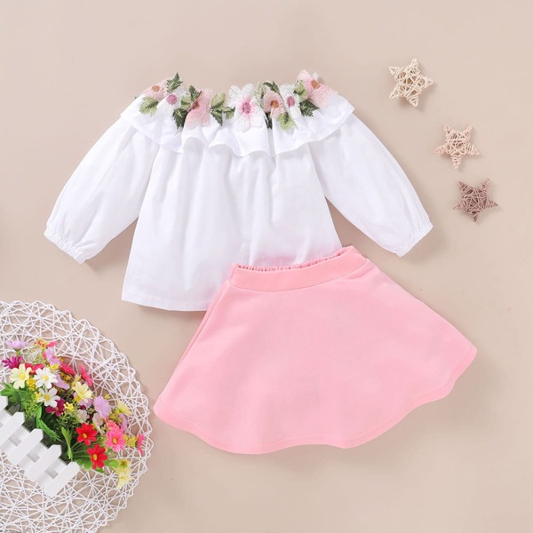 

Toddler Girls Floral Embroidered Ruffle Top With Skirt, Multicolor