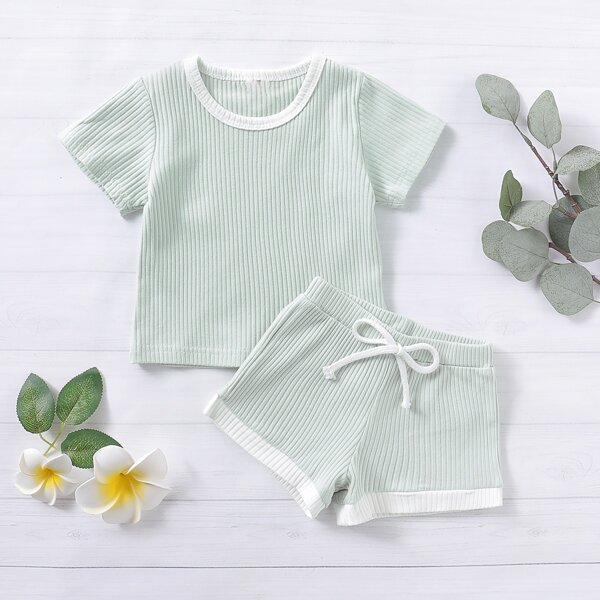 

Toddler Girls Contrast Binding Ribbed Tee & Drawstring Waist Shorts, Green pastel