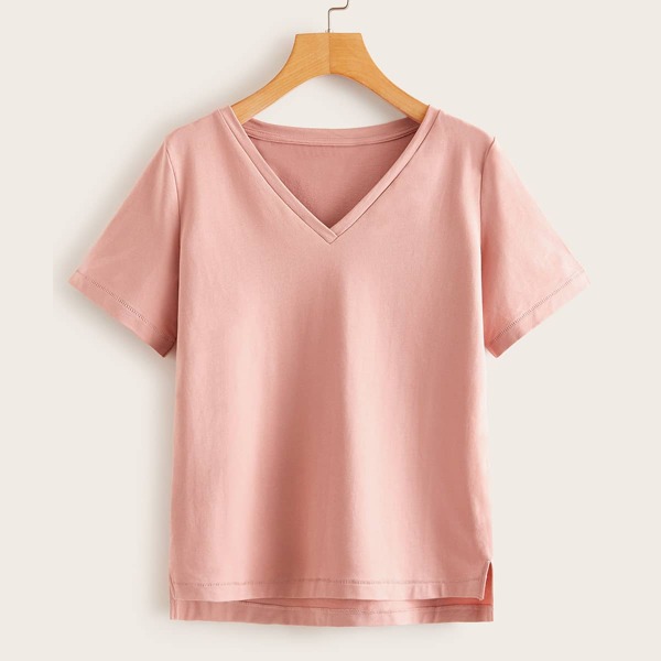 

V-neck High Low Solid Tee, Pink
