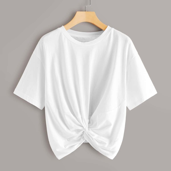 

Twist Front Round Neck Solid Tee, White