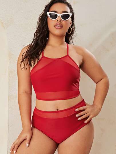 Plus Contrast Mesh High Waisted Bikini Swimsuit