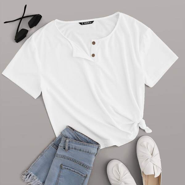

Buttoned Half Placket Top, White