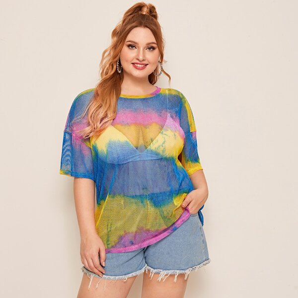 

Plus Tie Dye Fishnet Mesh Sheer Top Without Bra, Multicolor
