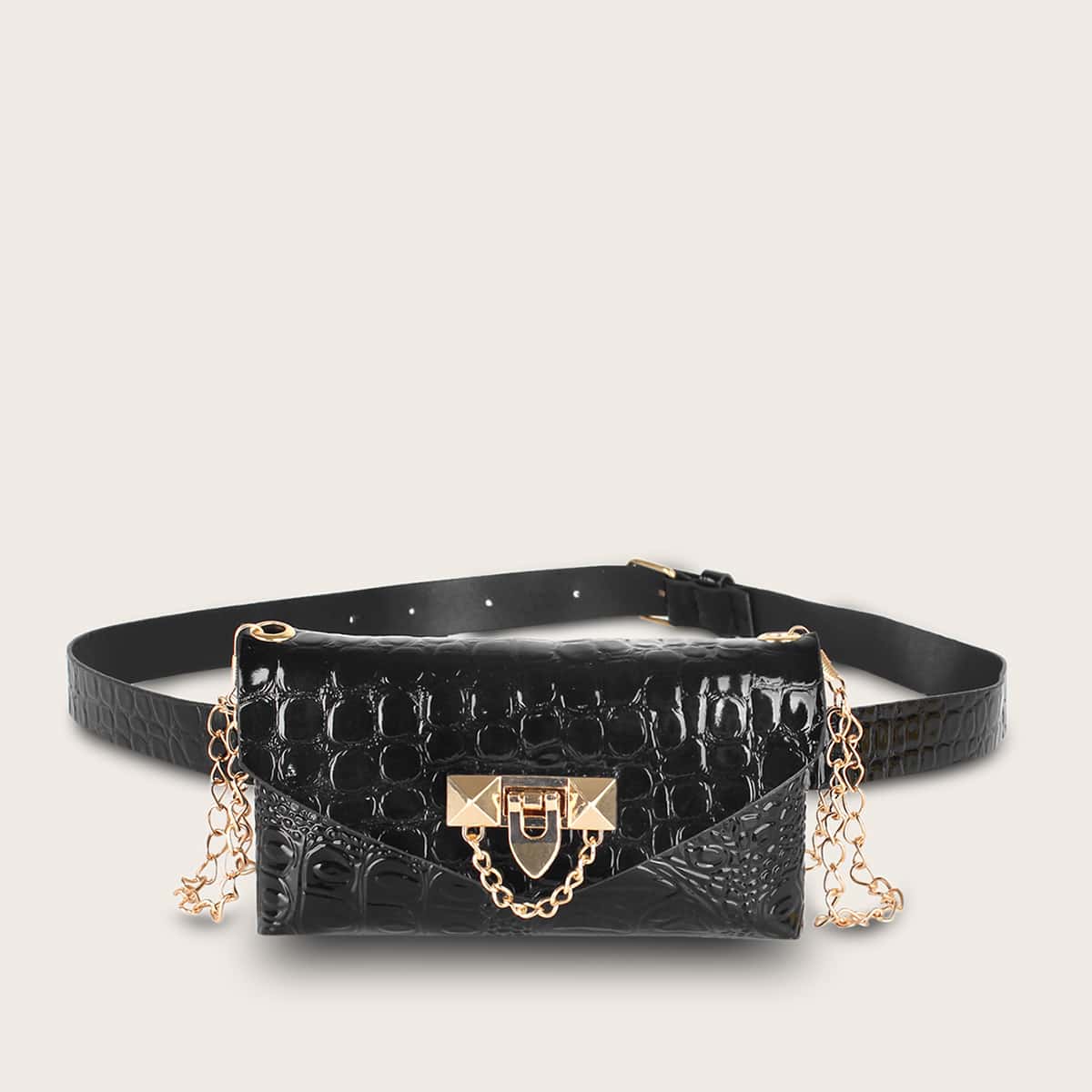 

Croc Embossed Chain Fanny Pack, Black
