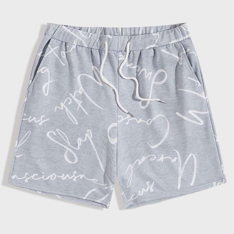 

Guys Letter Graphic Drawstring Waits Slant Pocket Track Shorts, Grey
