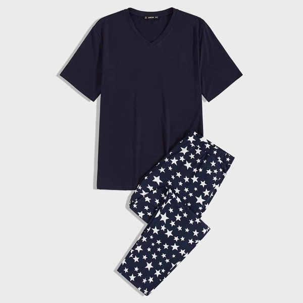 

Men Solid Top & Star Print Pants PJ Set, Navy blue