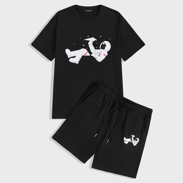 

Men Astronaut Print Tee and Slant Pocket Shorts Set, Black
