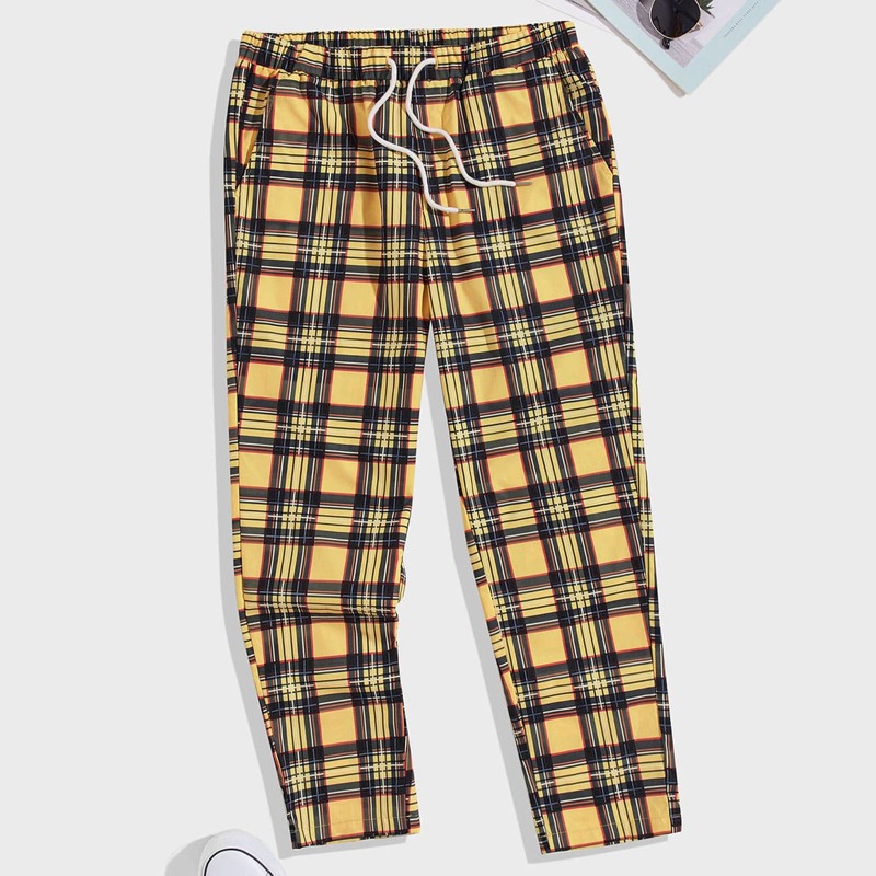 

Guys Drawstring Waist Slant Pocket Tartan Pants, Yellow