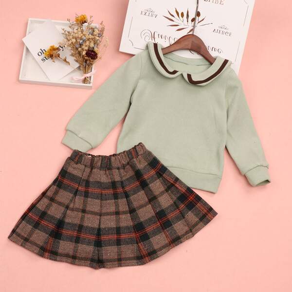 

Toddler Girls Peter Pan Collar Top With Tartan Tweed Skirt, Multicolor