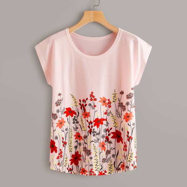 

Floral Print Cap Sleeve Tee, Pink