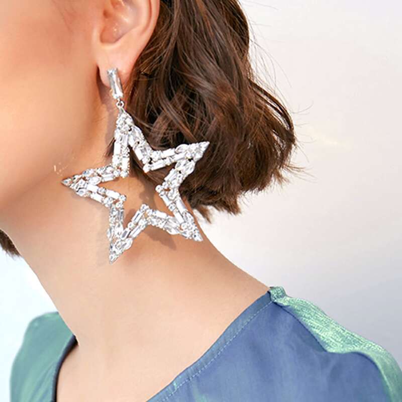 

1pc Rhinestone Engraved Star Drop Earrings, Silver