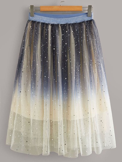 Plus Star Color-block Mesh Overlay Skirt