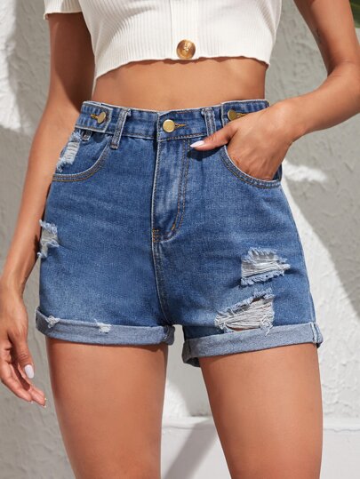 Ripped Roll Up Hem Denim Shorts